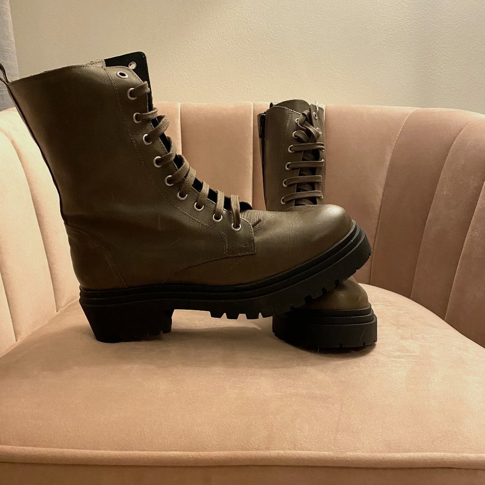 Helene Rouge, Leather Military Combat Boots, Size 8.5, Olive Green